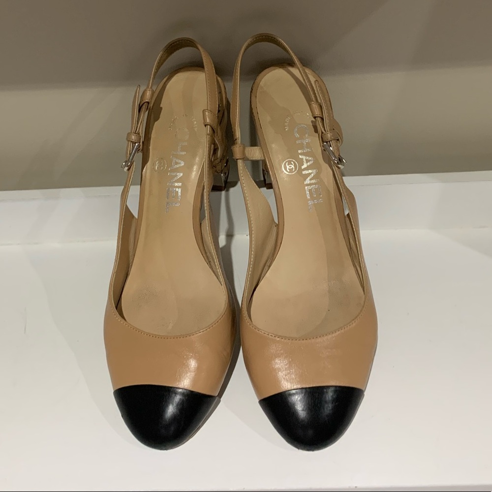 Chanel Cork Heeled Sling Back Pumps